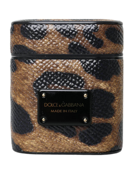Dolce & Gabbana Brown Leopard Calf Leather Metal Logo Plaque Airpods Case - Hilstor