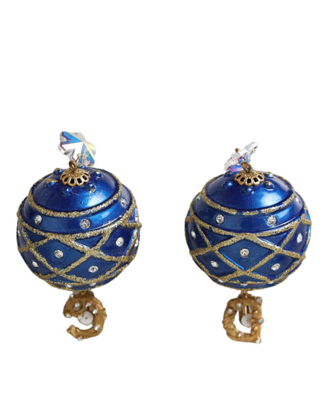 Dolce & Gabbana Gold Brass Blue Dangle Christmas Ball Crystal Clip On Earrings - Hilstor