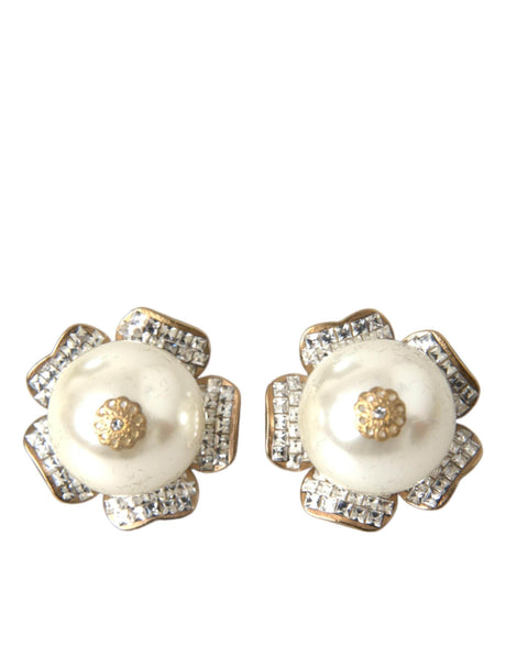 Dolce & Gabbana Gold Tone Maxi Faux Pearl Floral Clip-on Jewelry Earrings - Hilstor