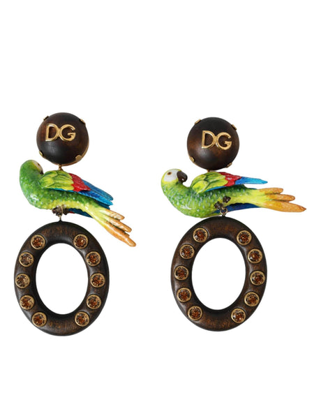 Dolce & Gabbana Multicolor Parrot Wood Brass Crystal Embellished Earrings - Hilstor