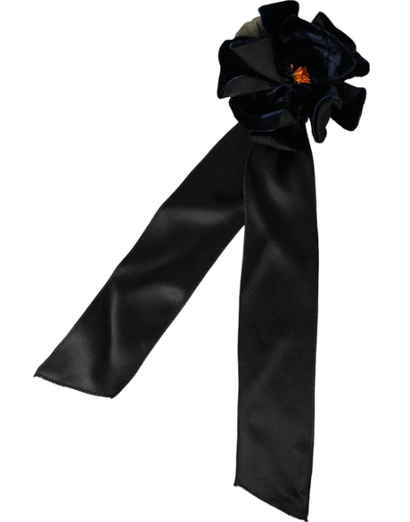Dolce & Gabbana Black Silk Gold Brass Floral Hair Pin Brooch - Hilstor
