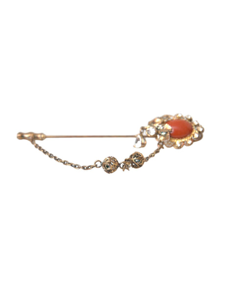 Dolce & Gabbana Gold Brass Crystal Chain 925 Sterling Silver Pin Brooch - Hilstor