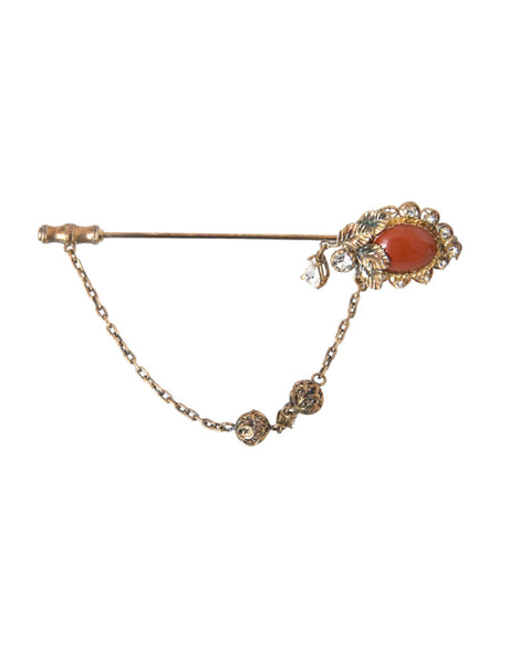 Dolce & Gabbana Gold Brass Crystal Chain 925 Sterling Silver Pin Brooch - Hilstor