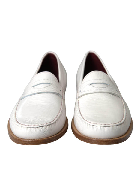 Dolce & Gabbana White Leather Slip On Mocassin Loafers Shoes - Hilstor