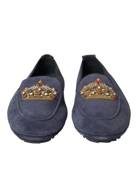 Dolce & Gabbana Blue Leather Suede Crystal Crown Loafers Shoes - Hilstor