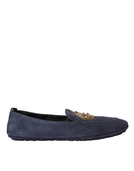 Dolce & Gabbana Blue Leather Suede Crystal Crown Loafers Shoes - Hilstor