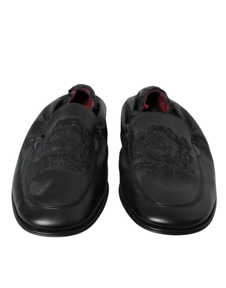 Dolce & Gabbana Black Logo Embroidered Leather Loafer Men Dress Shoes - Hilstor