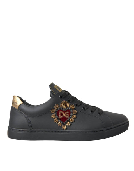 Dolce & Gabbana Black Leather Heart Embellished Sneakers Shoes - Hilstor