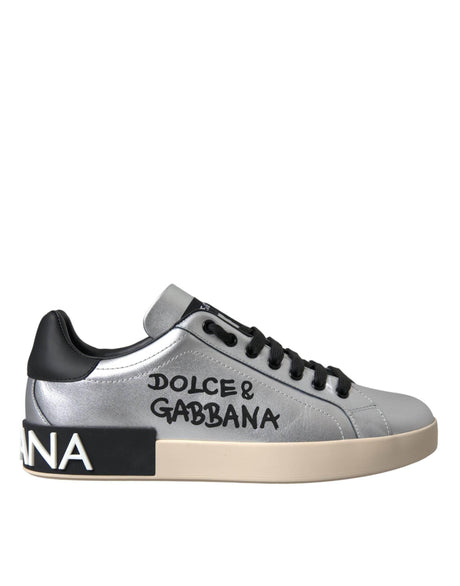 Dolce & Gabbana Silver Portofino Calf Leather Sneakers Men Shoes - Hilstor