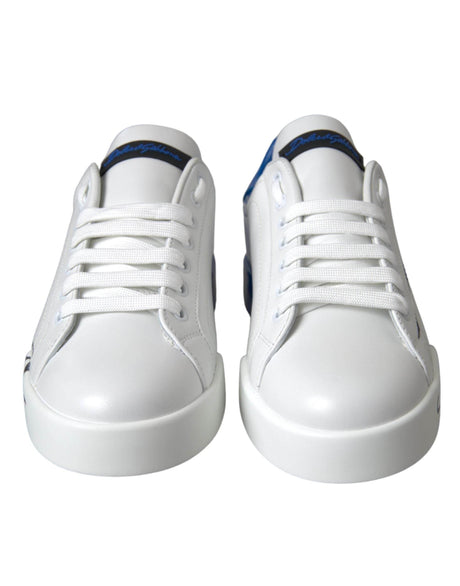 Dolce & Gabbana White Blue Leather Logo Low Top Sneakers Shoes - Hilstor