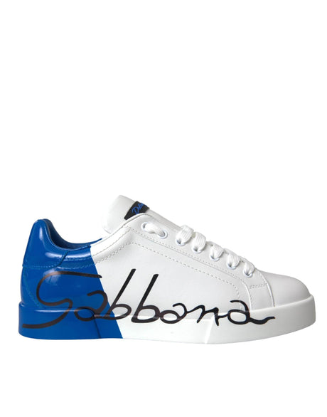 Dolce & Gabbana White Blue Leather Logo Low Top Sneakers Shoes - Hilstor