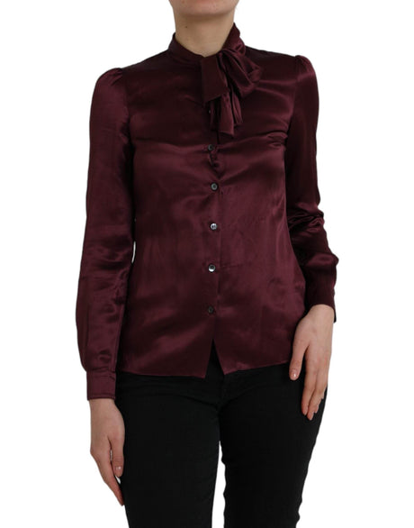 Dolce & Gabbana Maroon Ascot Collar Long Sleeve Top Blouse - Hilstor