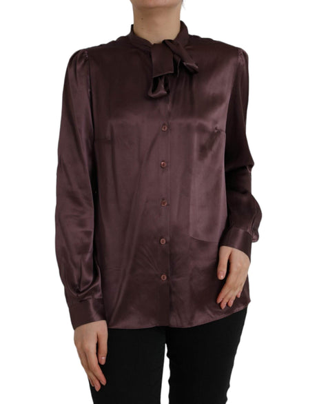 Dolce & Gabbana Brown Ascot Collar Long Sleeve Top Blouse - Hilstor