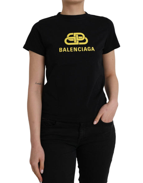 Balenciaga Black Cotton Logo Print Crew Neck Short Sleeves T-shirt - Hilstor