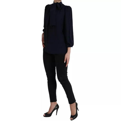 Dolce & Gabbana Blue Long Sleeves Ascot Collar Blouse Top - Hilstor
