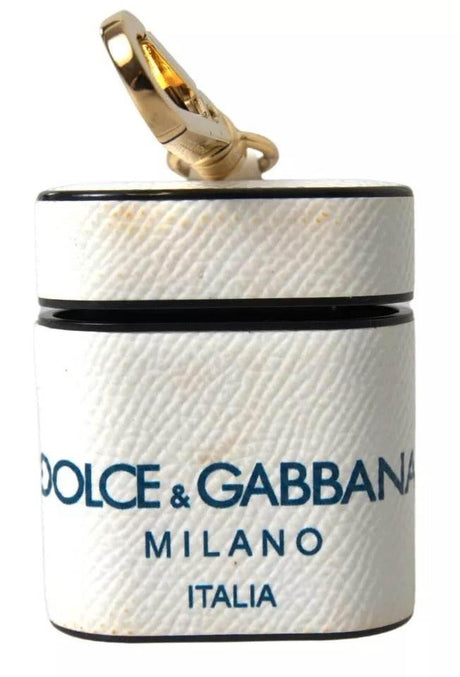 Dolce & Gabbana White Blue Calf Leather Logo Print Strap Airpods Case - Hilstor