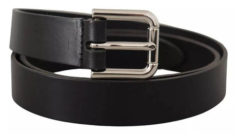 Dolce & Gabbana Black Leather Silver Tone Metal Buckle Classic Belt - Hilstor