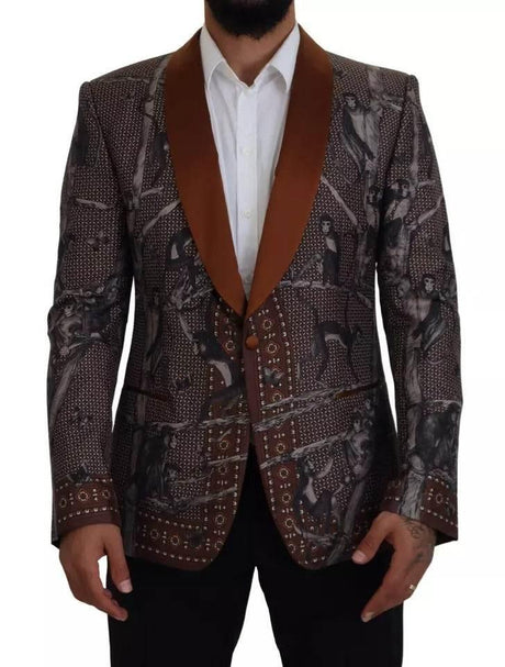 Dolce & Gabbana Bronze Monkey Print Silk Slim Jacket Blazer - Hilstor