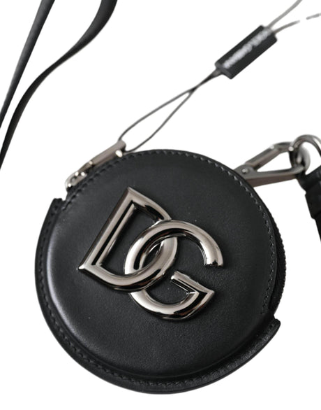 Dolce & Gabbana Black Round Leather DG Logo Coin Purse Lanyard Wallet - Hilstor