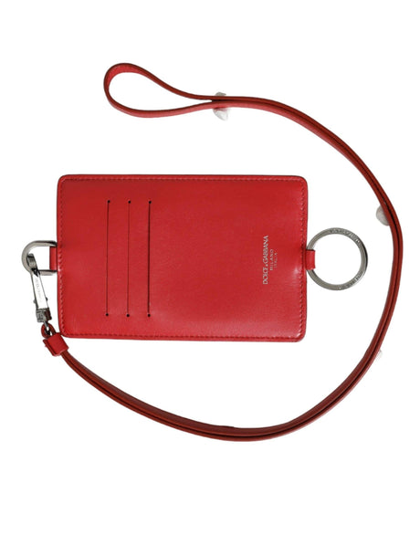 Dolce & Gabbana Red Calfskin Leather Lanyard Logo Card Holder Wallet - Hilstor