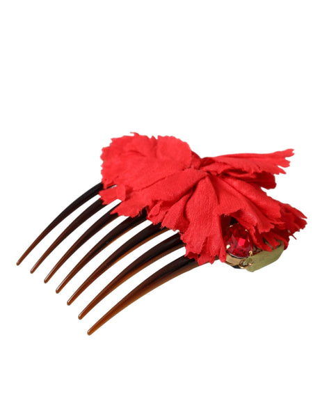 Dolce & Gabbana Red Silk Floral Gold Brass Women Hair Comb - Hilstor