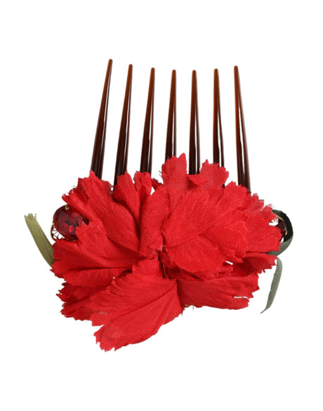 Dolce & Gabbana Red Silk Floral Gold Brass Women Hair Comb - Hilstor