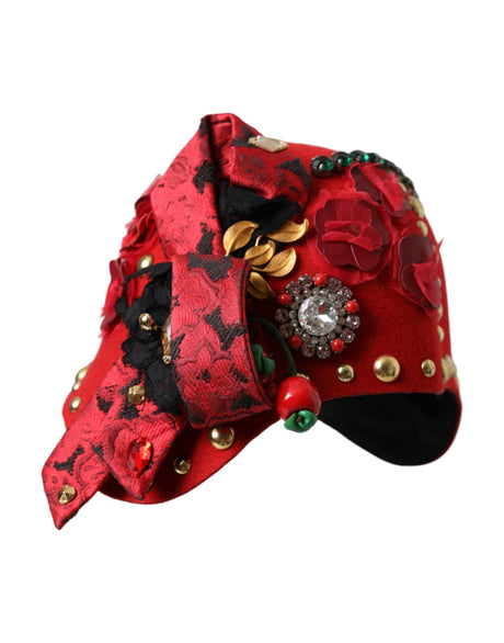 Dolce & Gabbana Red Crystal Gold Roses Brooch Embellished Hat - Hilstor