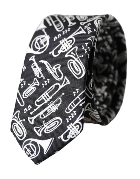Dolce & Gabbana Black Trumpet Print Silk Adjustable Tie - Hilstor