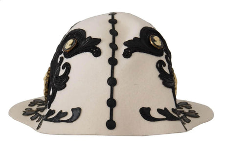 Dolce & Gabbana White Black Wool Embroidered Cameo Brooch Hat - Hilstor