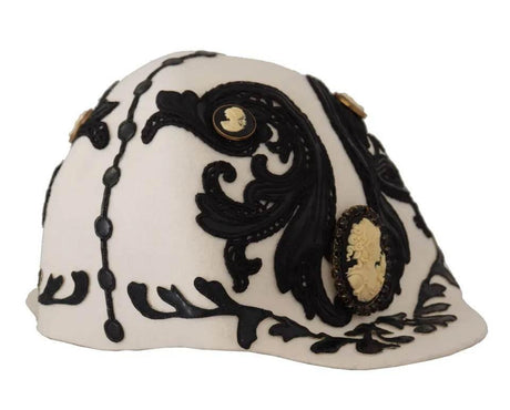Dolce & Gabbana White Black Wool Embroidered Cameo Brooch Hat - Hilstor