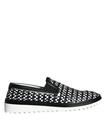 Dolce & Gabbana Black White Weaved Slip On Men Loafers Shoes - Hilstor