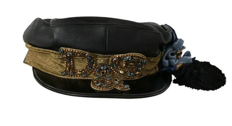 Dolce & Gabbana Black Leather Crystal Beads Gold Ribbon Fiddler Cap - Hilstor