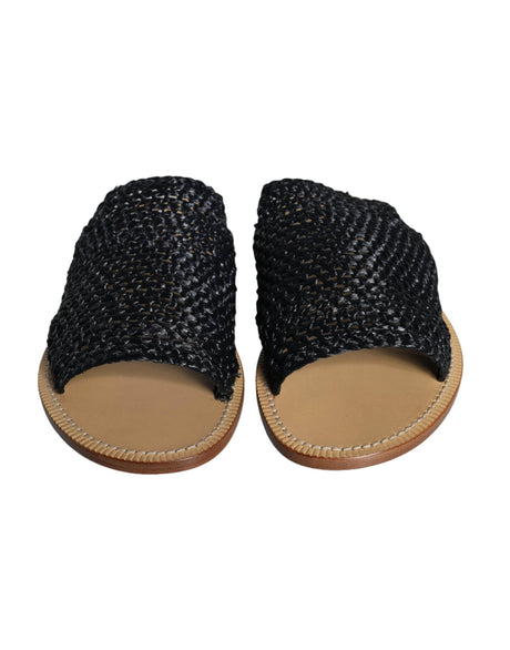 Dolce & Gabbana Black Monochrome Braided Raffia Slides Shoes - Hilstor
