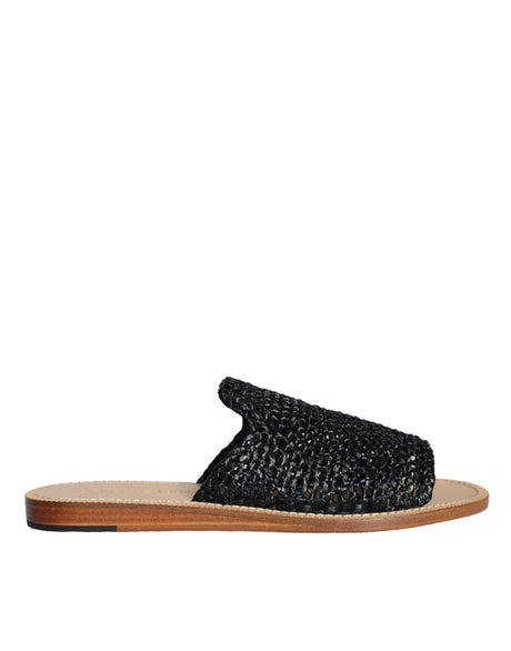Dolce & Gabbana Black Monochrome Braided Raffia Slides Shoes - Hilstor