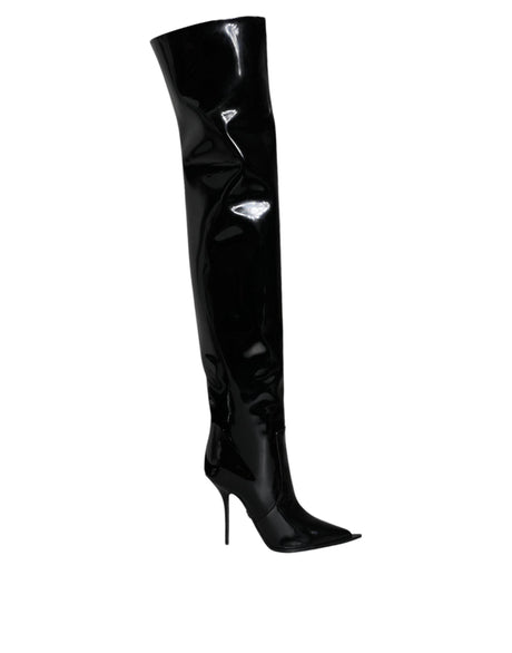 Dolce & Gabbana Black Patent Leather Knee High Boots Shoes - Hilstor