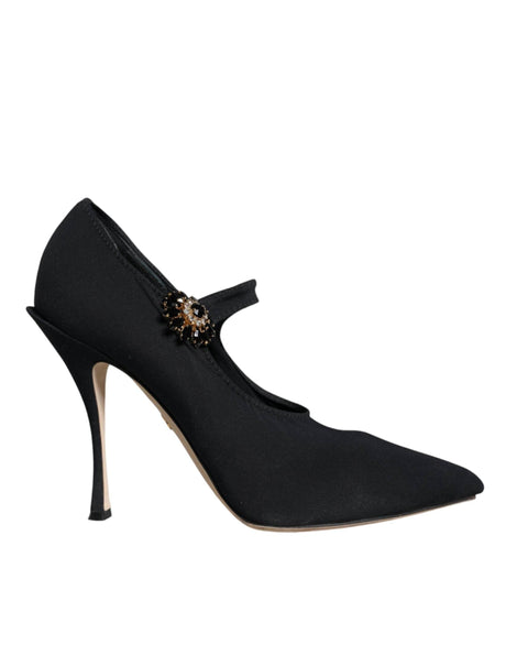 Dolce & Gabbana Black Mary Jane Jersey Crystal Pumps Shoes - Hilstor