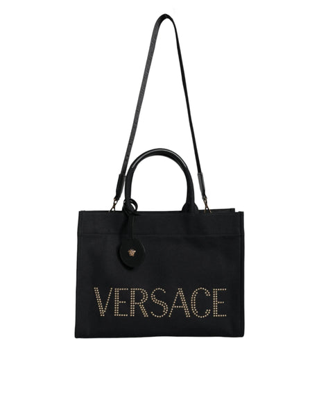 Versace Black Top Handle Canvas Leather Logo Crossbody Tote Bag - Hilstor
