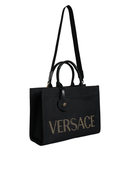 Versace Black Top Handle Canvas Leather Logo Crossbody Tote Bag - Hilstor