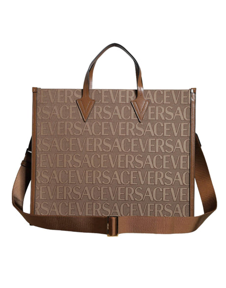 Versace Brown Top Handle Jacquard Leather Logo Crossbody Tote Bag - Hilstor