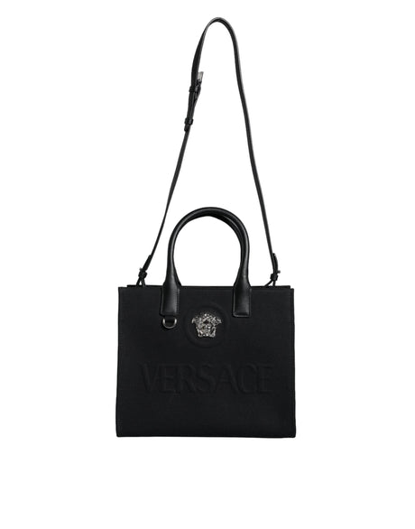 Versace Black Top Handle Canvas Leather Logo Crossbody Tote Bag - Hilstor