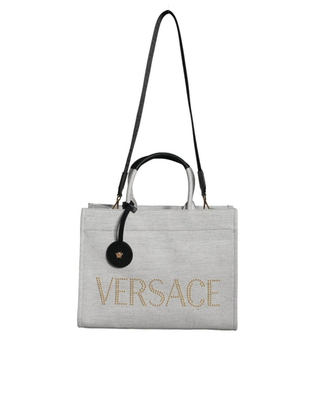 Versace White Top Handle Canvas Leather Logo Crossbody Tote Bag - Hilstor