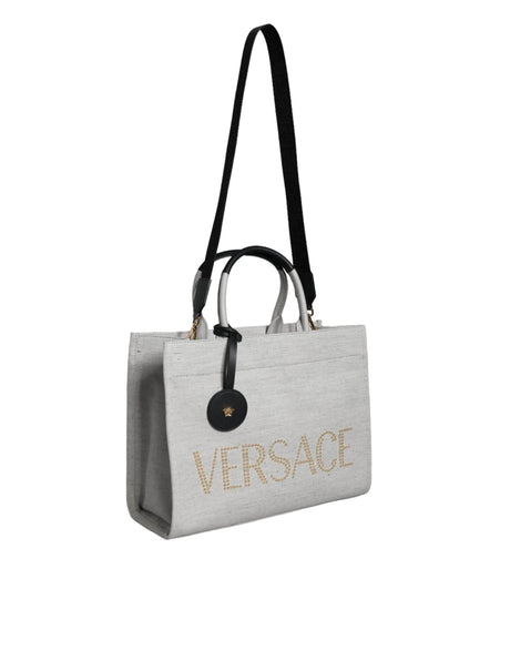 Versace White Top Handle Canvas Leather Logo Crossbody Tote Bag - Hilstor