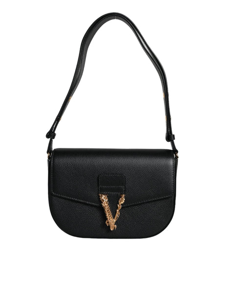 Versace Black Grainy Calf Leather Logo Crossbody Shoulder Bag - Hilstor