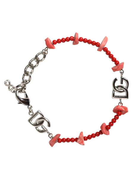 Dolce & Gabbana Silver Tone Brass Beaded Resin DG Logo Chain Bracelet - Hilstor