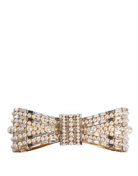 Dolce & Gabbana Gold Tone Brass Bow Crystal FauxPearl Embellished Brooch - Hilstor