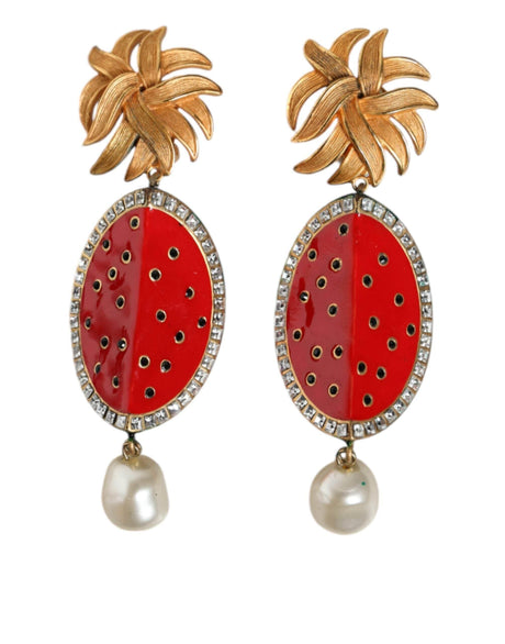 Dolce & Gabbana Red Watermelon Gold Brass Crystal Clip Dangling Earrings - Hilstor