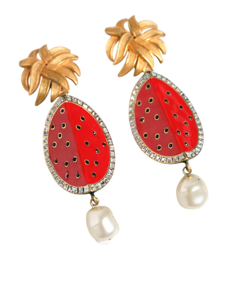 Dolce & Gabbana Red Watermelon Gold Brass Crystal Clip Dangling Earrings - Hilstor