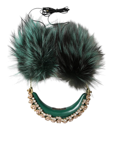 Dolce & Gabbana Green Gold Crystal Fur Headset Audio AUX Headphones - Hilstor