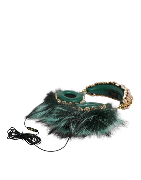 Dolce & Gabbana Green Gold Crystal Fur Headset Audio AUX Headphones - Hilstor