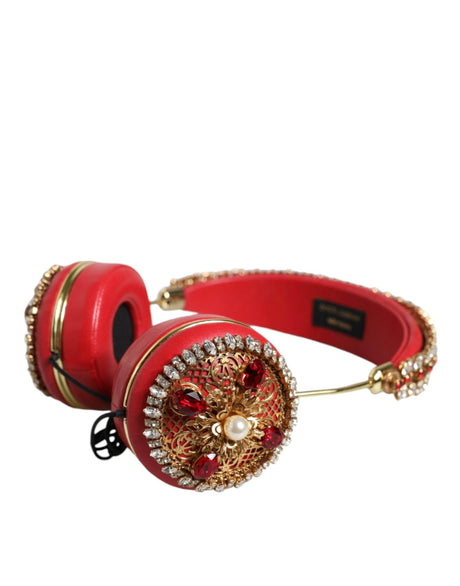 Dolce & Gabbana Red Nappa Leather Floral Crystal Headphone - Hilstor